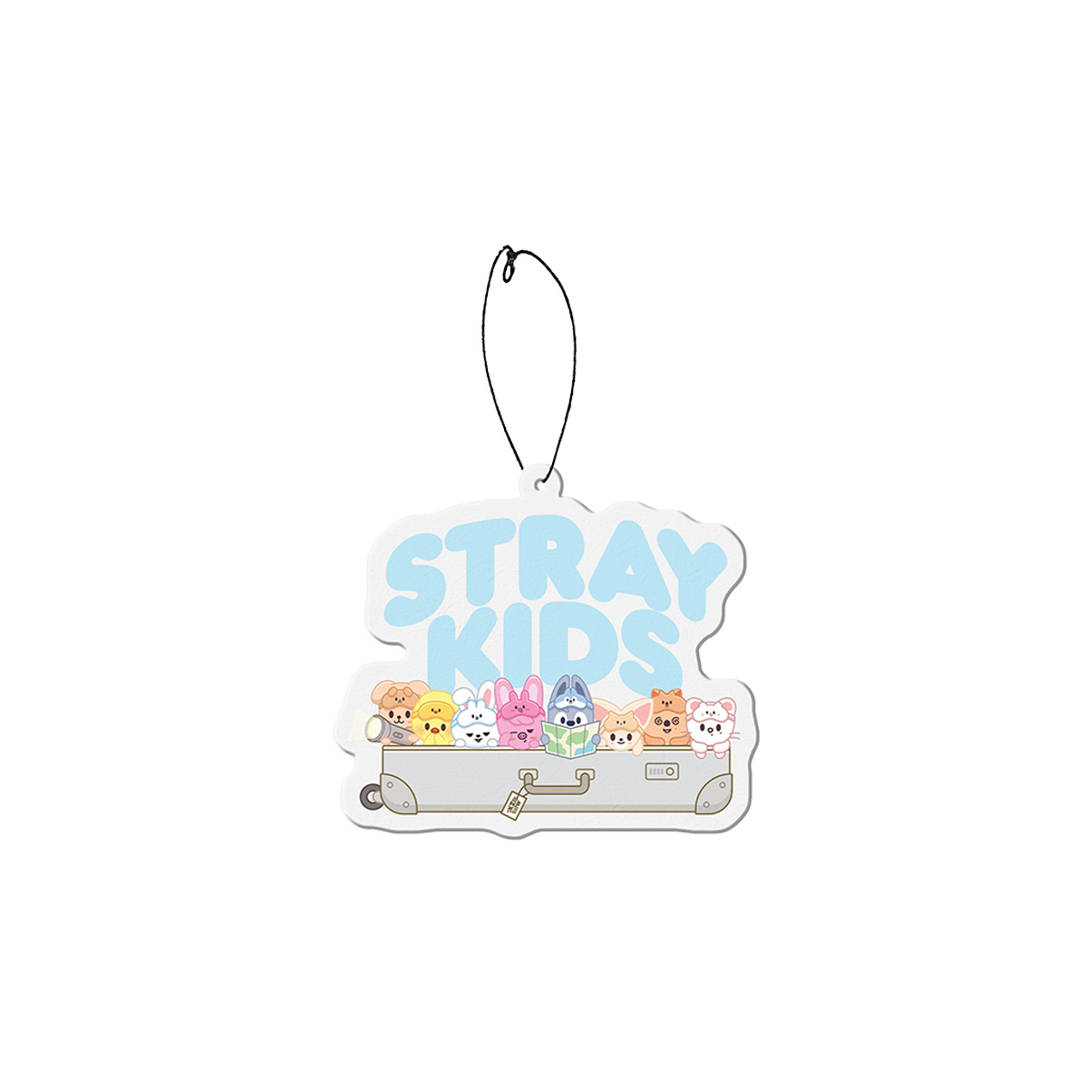 White SKZOO air freshener with character artwork and logo