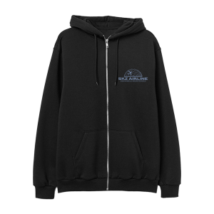 Black SKZ Airline zip-up hoodie, front view with logo