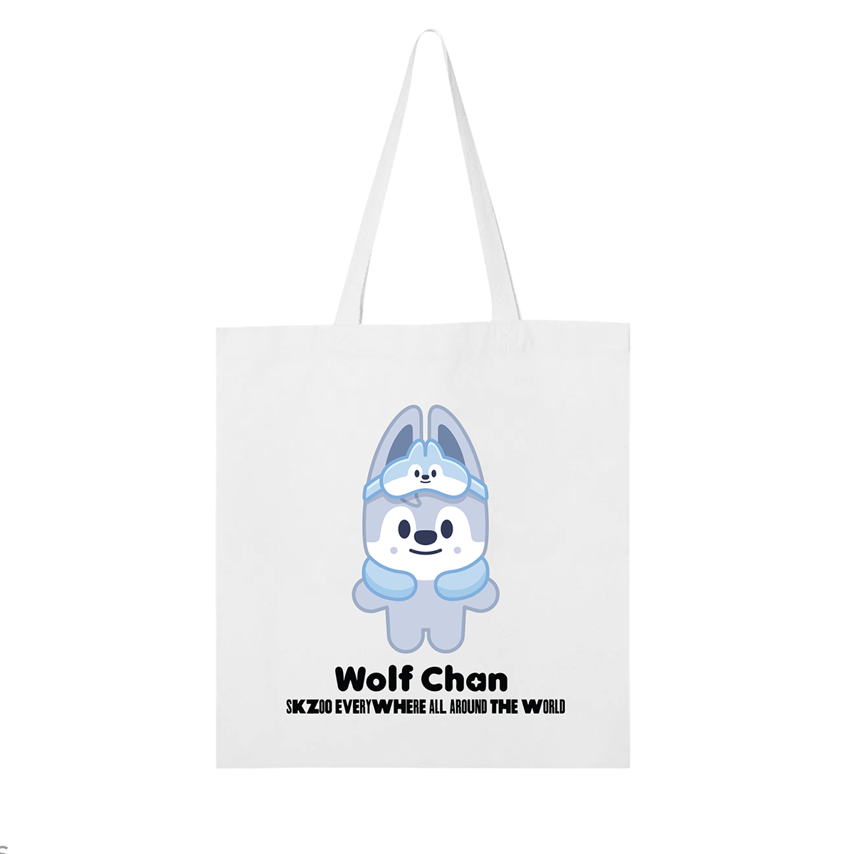 SKZOO Wolf Chan tote bag with character graphic and logo text