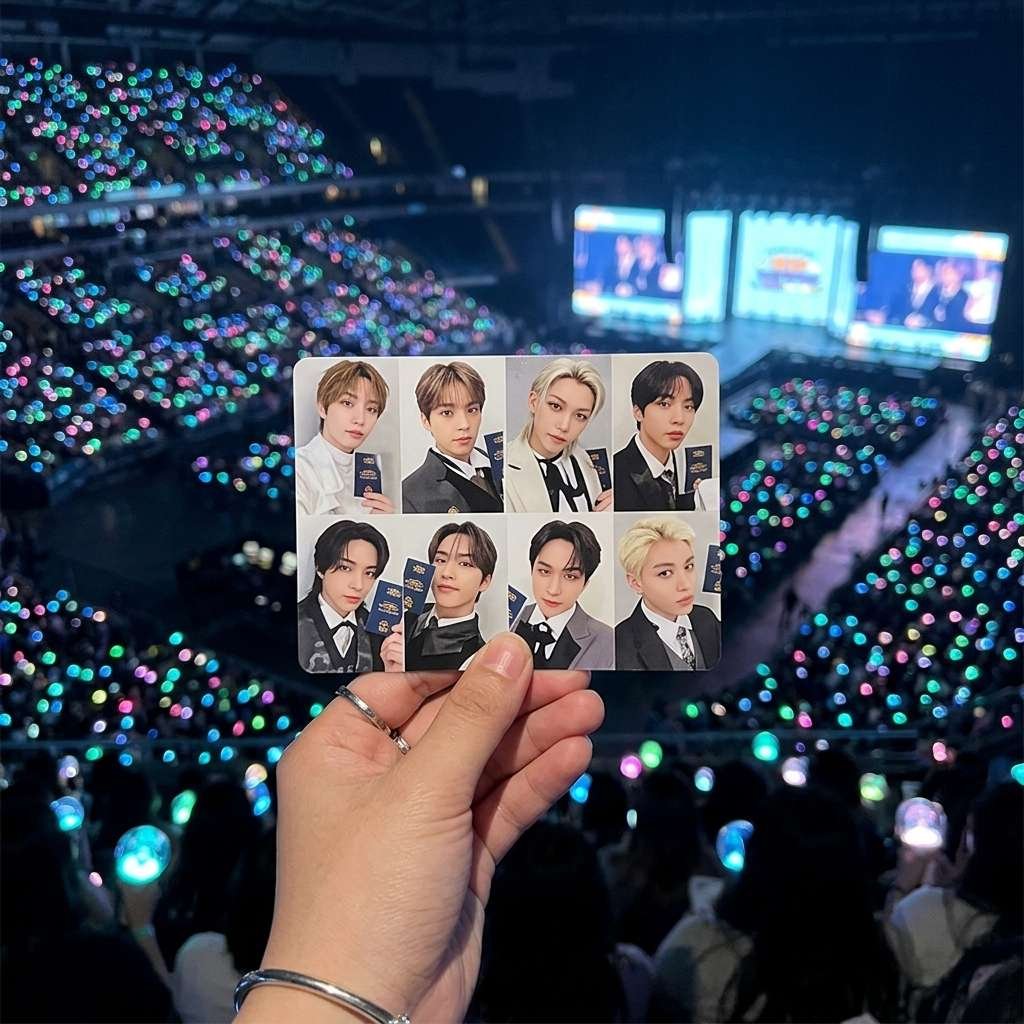 Hand holding SKZ photocard at concert