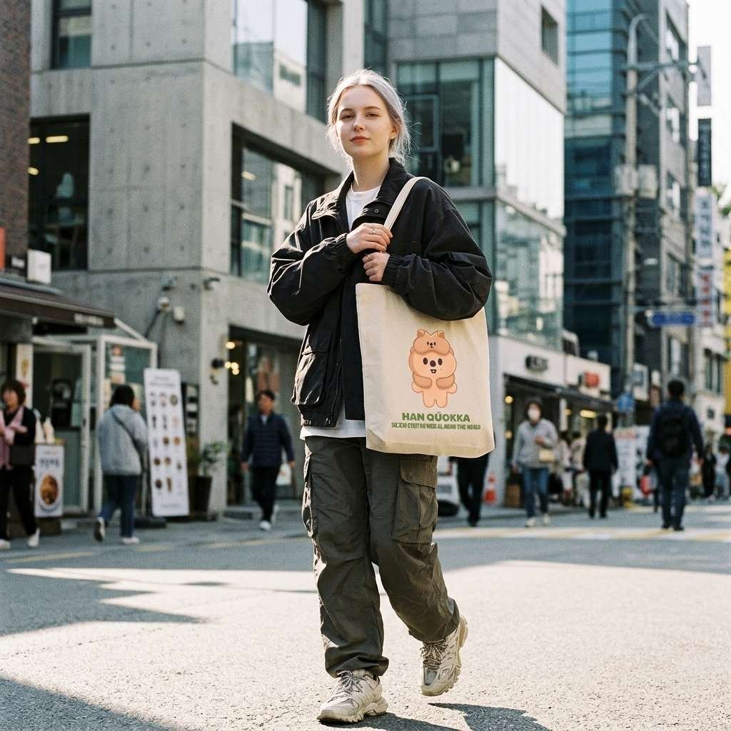 Female model carrying SKZOO Tote Bag Han Quokka