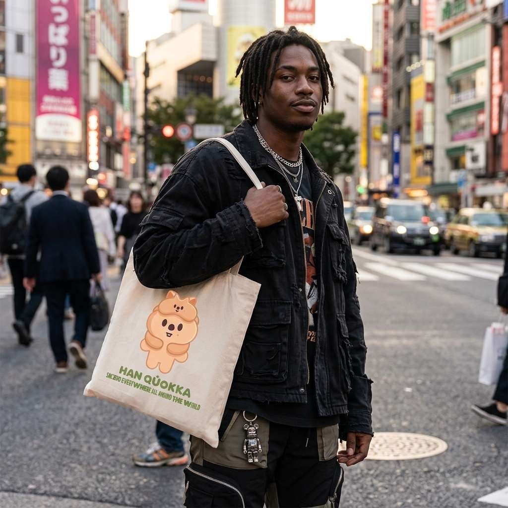 Male model carrying SKZOO Tote Bag Han Quokka