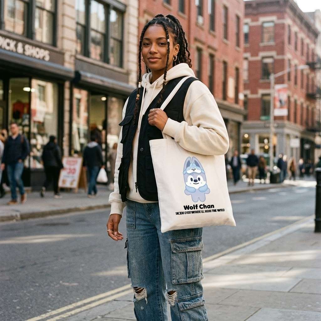 Female model carrying SKZOO Tote Bag Wolf Chan