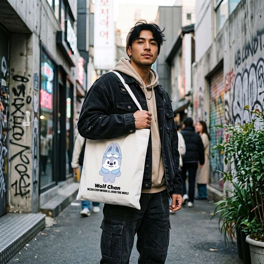 Male model carrying SKZOO Tote Bag Wolf Chan
