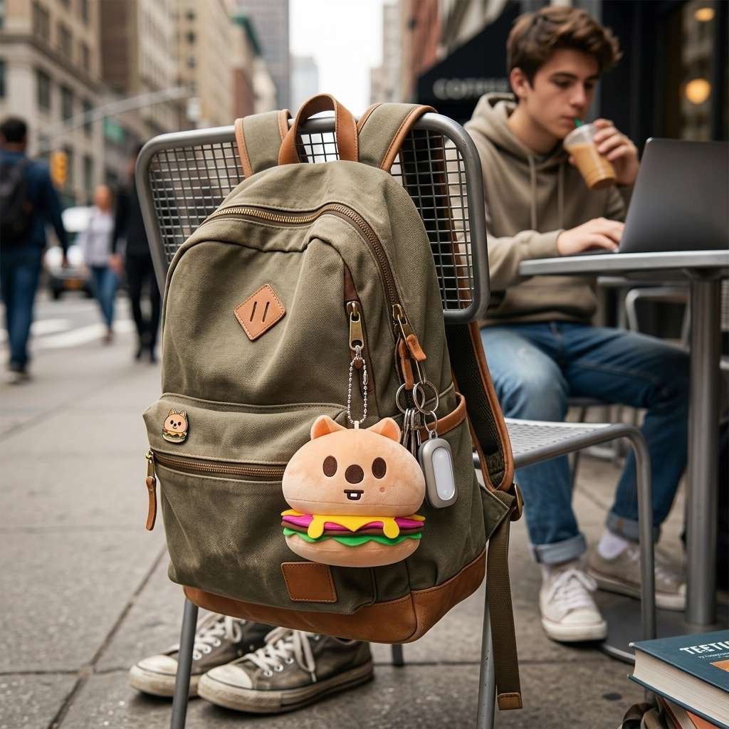 Male student backpack with SKZOO Han Quokka keyring