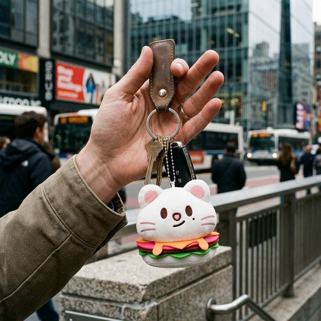 Male hand holding keys with SKZOO Jiniret keyring