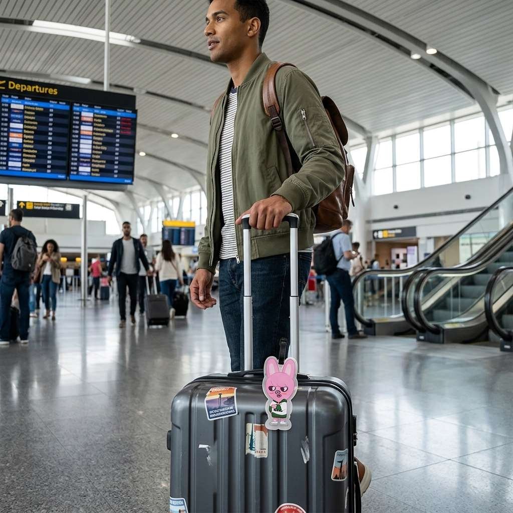 Male traveler in airport with SKZOO Dwaekki luggage tag