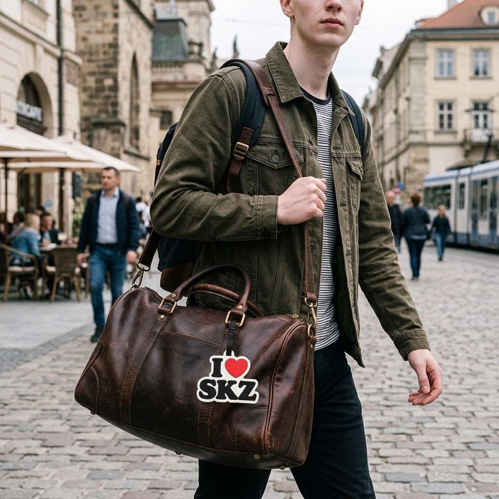 Male traveler in airport with I Heart SKZ luggage tag