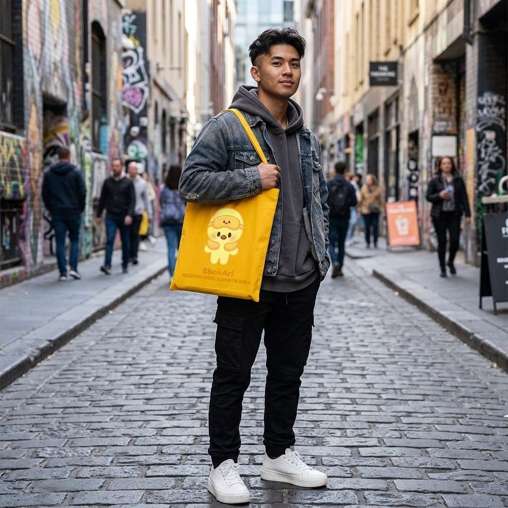Male model carrying SKZOO Tote Bag Bbokari